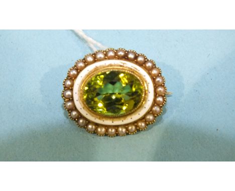 A late-Victorian oval brooch set peridot within concentric spotted white enamel and seed pearl borders, in 15ct gold mount, 2