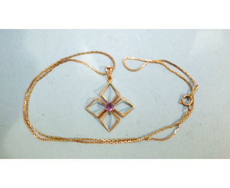 A small 9ct gold pendant set amethyst, on 9ct gold chain, 4.1g.