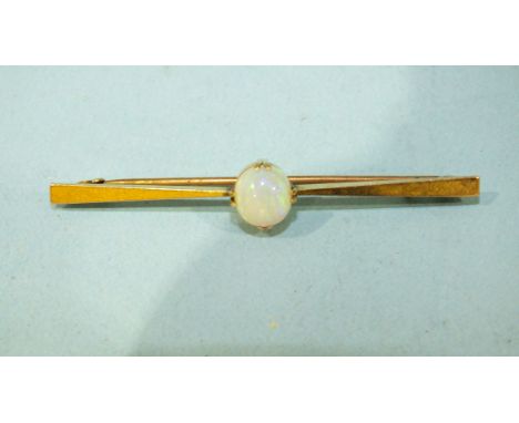 A 9ct gold bar brooch, claw-set an opal, 5.4cm, 2.4g.