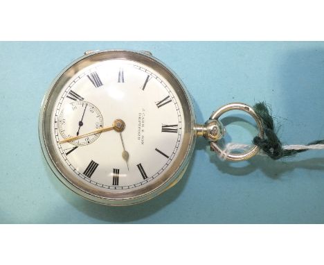 A silver-cased open-face key-wind pocket watch, the white enamel dial with Roman numerals and seconds subsidiary, signed J Ca