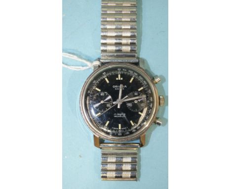 Oriosa, a gentleman's c1960's chronograph wrist watch, the black dial with outer tachymeter scale, subsidiary dials, baton nu