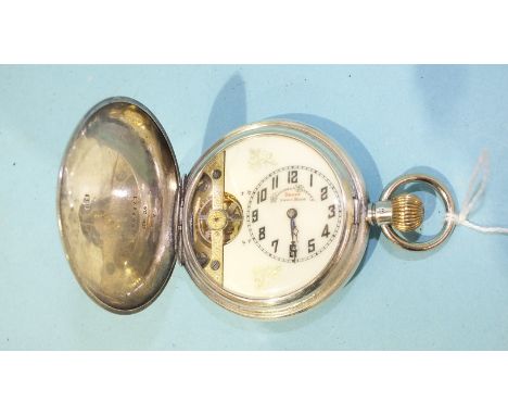 A silver hunter-cased Hebdomas Patent 8-days keyless pocket watch, the cream enamel dial with Arabic numerals, 50mm diameter,