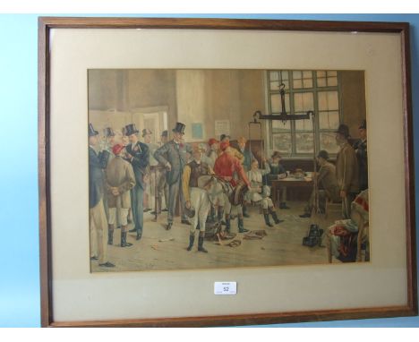 After Isaac Collin, 'The Weighing Room', a coloured lithographic print, 34 x 49cm, a coloured coaching print and a modern lit