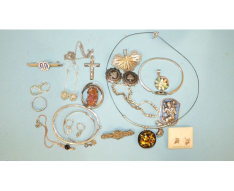 A blue guilloche enamel and silver St Christopher pendant and other 925 silver jewellery, some stone-set, gross weight 100g, 