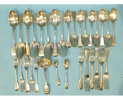 A collection of fiddle pattern flatware with stag's head crest: 8 tablespoons, 6 table forks, 5 dessert forks, 9 dessert spoo