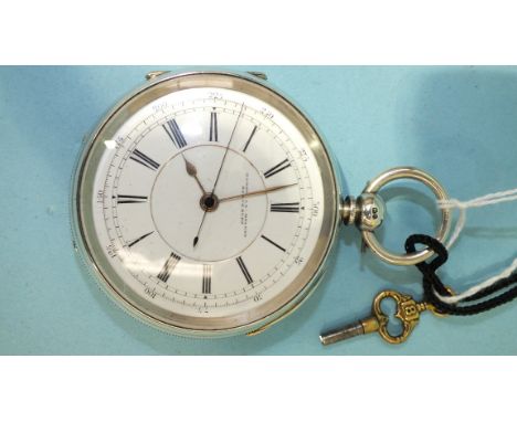 A silver-cased key-wind open-face chronograph by J Richardson for J W Keeley &amp; Sons, the white enamel dial with centre se