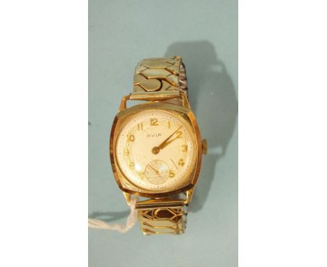 A gentleman's 1960 Avia 9ct gold manual-wind wrist watch, hallmarked Edinburgh 1960, on gold-plated expanding bracelet.