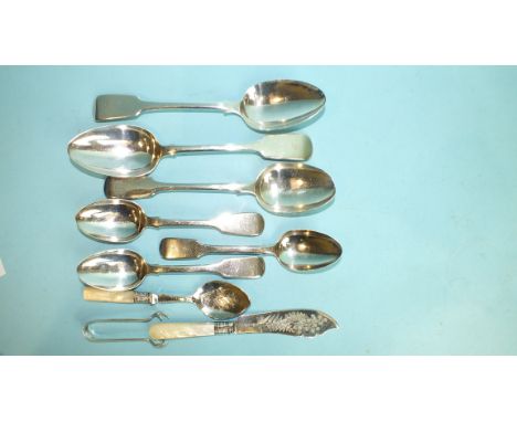 A pair of early-Victorian fiddle pattern tablespoons, London 1842, another similar spoon, London 1838, a pair of similar dess