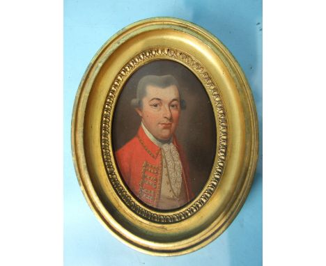 18th/19th century English School PORTRAIT OF A YOUNG GENTLEMAN WEARING A BRAIDED RED MILITARY TUNIC, GILT BUTTON WAISTCOAT AN