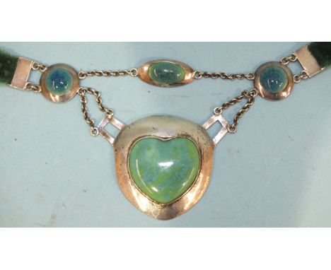 An Arts &amp; Crafts silver and enamel necklace, the central green/blue-enamelled heart-shaped plaque, 34mm x 37mm supported 