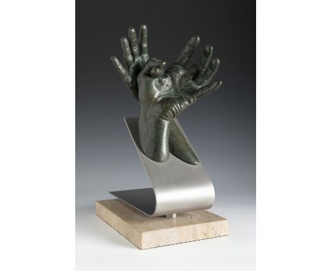 LORENZO QUINN (Rome, 1966)."Contigo", 2006.Bronze-plated resin, copy 739/999.Stainless steel support on travertine marble bas