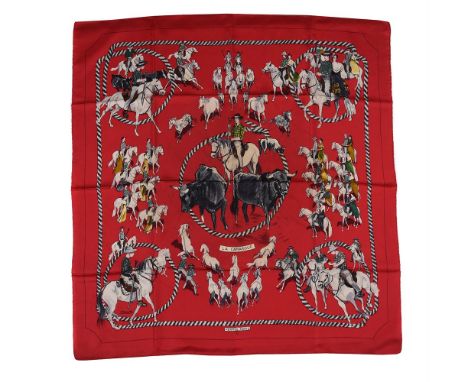 
	
		HERM&#201;S, LA CAMARGUE, A SILK SCARF 
		Designed by Lamotte, the red ground decorated with Camargue horses, hand rolle