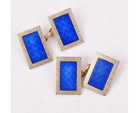
	
		CROPP &amp; FARR, A PAIR OF 9 CARAT GOLD, BLUE AND WHITE ENAMEL CUFFLINKS 
		LONDON 1950 
		The rectangular panels with 