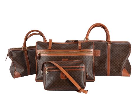 
	
		CELINE
		A COATED CANVAS FOUR PIECE TRAVELLING LUGGAGE SET 
		With tan leather trim, loop handles and zip fasteners, ope