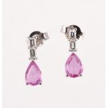 A PAIR OF PINK SAPPHIRE AND DIAMOND DROP EARRINGS