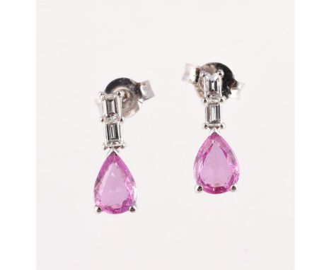 
	
		A PAIR OF PINK SAPPHIRE AND DIAMOND DROP EARRINGS
		Each pear shaped pink sapphire to a step cut diamond two stone surmo