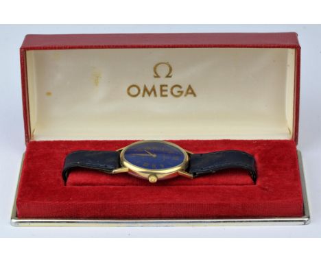 Omega a Ladies reference 511.416 oval cased gold plated  wristwatch ,  the blue dial signed Omega Geneve, with applied roman 