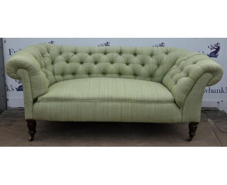 Victorian button back sofa with green upholstery on turned legs and ceramic castors, H71 x W178 x D85