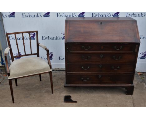 George III mahogany bureau, of typical form with fall flap, fitted to the interior with pigeon holes and drawers around a mir