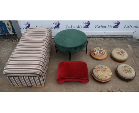 Seven vintage and contemporary footstools in a variety of sizes and designs
