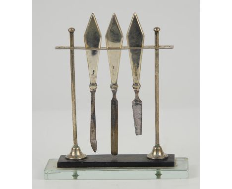 Art Deco Silver and glass manicure stand with 3 silver manicure tools, Birmingham 1933 