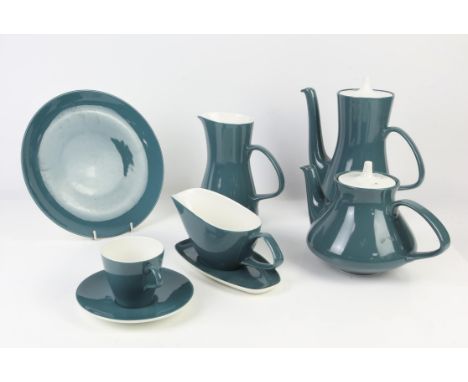 A green Poole pottery part dinner service, to comprise eight dinner plates, ten small plates, fifteen saucers, ten cups, four