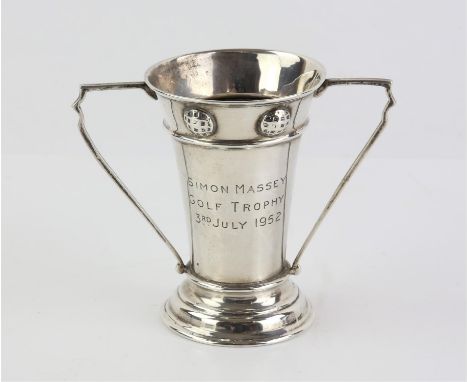 George V Silver Golf ball decorated twin handled cup, later used as a Golfing trophy cup in 1952 by Alfred James How, London,