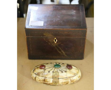 Mahogany tea caddy, 19th Century, 13cm high, together with a small bone case and a small bag of coins (Qty)