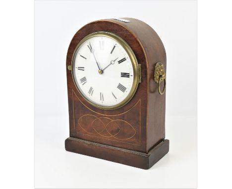 Edwardian mahogany and line inlaid mantel clock. the white enamel dial with Roman numeral chapter ring, with brass movement, 
