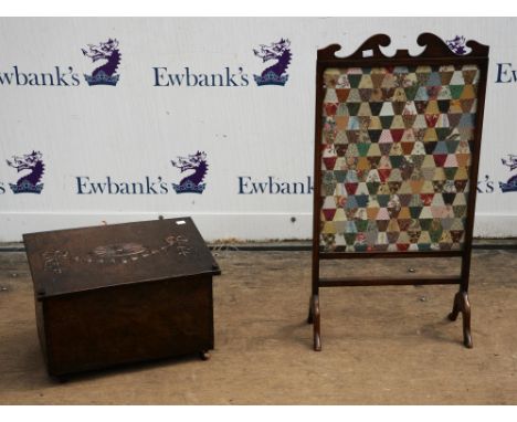 Late 19th century framed quilt mahogany fire screen and a copper covered Art Nouveau coal or wood log bin