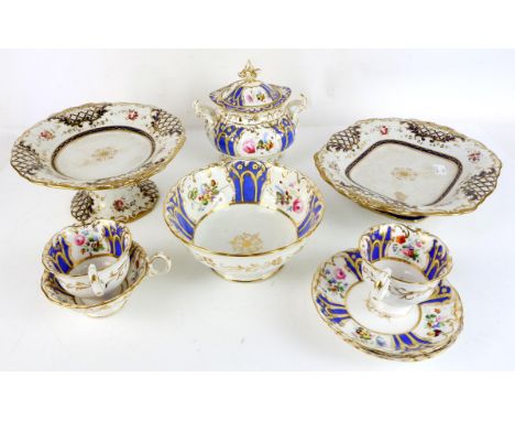 Victorian porcelain part tea service, decorated with floral panels, to comprise bowl, sugar box and cover, eight saucers six 