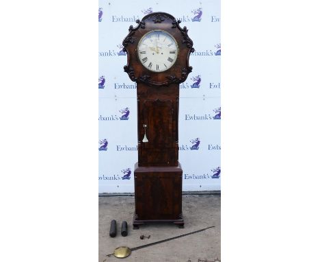 Victorian mahogany longcase clock, the hood with applied scrolls, flowers and thistles, a shaped door flanked by columns, clo