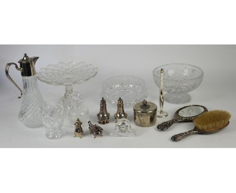 Waterford glass clock, together with other glass bowls, a silver plate and glass claret jug, two silver plated and glass pres