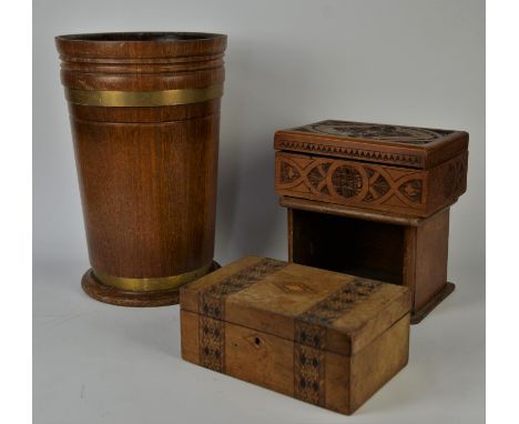 Dutch turned wood bucket with brass liner, church wardens pipe stand, two boxes , cooper made stick stand and a wooden boot w