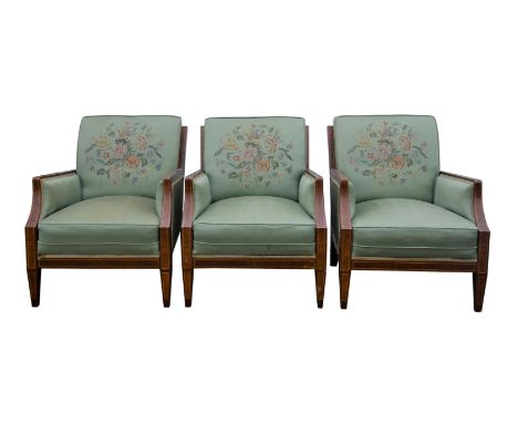 Edwardian line inlaid and mahogany settee suite, with floral embroidered upholstery, to comprise a sofa and three armchairs, 