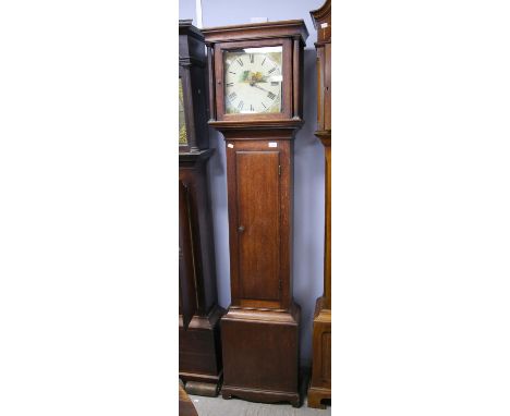 An oak longcase clock, 19th Century, with painted dial decorated with a cottage and floral spandrels, with a Roman numeral ch