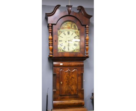 19th century mahogany longcase clock the  painted dial showing a woman feeding goats in the arch and rural scenes to the dial