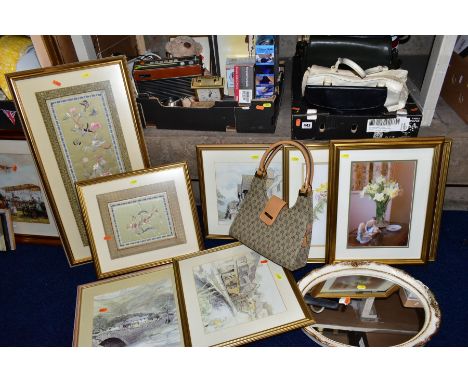 TWO BOXES OF HANDBAGS, HOUSEHOLD SUNDRIES, LOOSE PRINTS, MIRROR, etc including a Roberts RP26-B radio, two modern Chinese emb