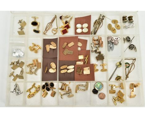A TRAY OF CUFFLINKS, to include thirty seven pairs of cufflinks in various forms, such as 9ct gold front and back, engine tur