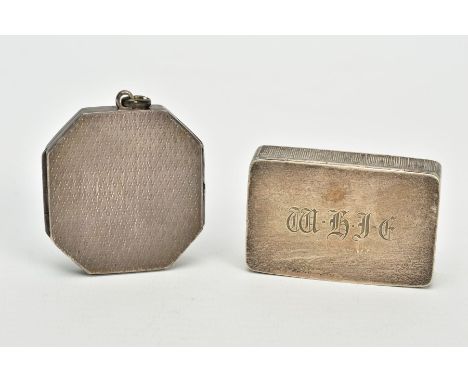 A SILVER VESTA/SNUFF BOX AND LOCKET, the plain polished, hinged vesta/snuff box, with striker to the side, engraved monogram 