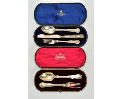 TWO CASED SILVER TRAVEL CUTLERY SETS, the first a three piece Queens pattern set of knife, fork and tablespoon, the fork and 