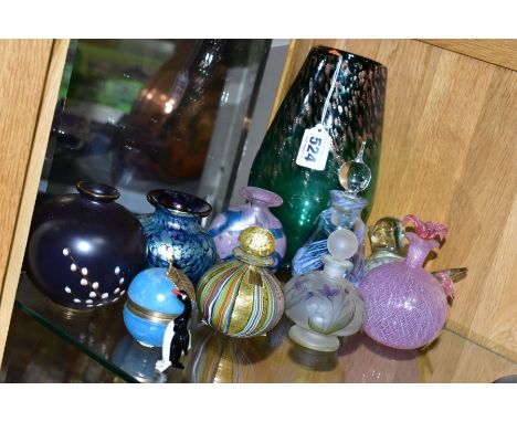 A SMALL GROUP OF GLASSWARES, to include a Strathern glass vase, green with gold flecks, height 20cm, an Isle of Wight glass p