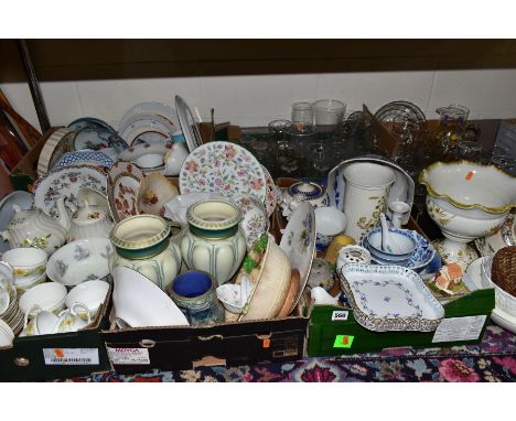 SEVEN BOXES AND LOOSE CERAMICS, GLASS, LINEN ETC, to include Herend square pierced edge dish, Minton 'Haddon Hall', Wedgwood 