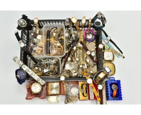 A TRAY OF WRISTWATCHES, CLOCKS AND PARTS, to include a variety of quartz and digital lady's, gents and childrens wristwatches