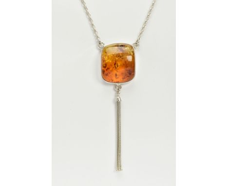 A CASED WHITE METAL AMBER PENDANT NECKLACE, the fitted pendant of square form, set with a square cabochon amber, suspending a
