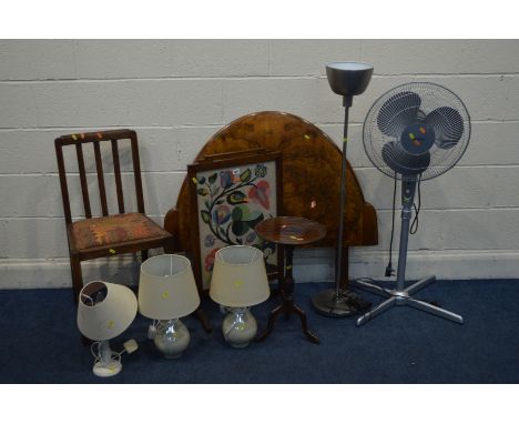 A BURR WALNUT SINGLE HEADBOARD, together with an oak framed needlework firescreen, mahogany wine table, oak chair, three tabl