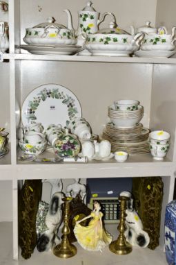 A GROUP OF METALWARES, CERAMICS, CLOCK, etc, including a Royal Doulton figure 'Ninette' HN2379, a pair of reproduction brass 