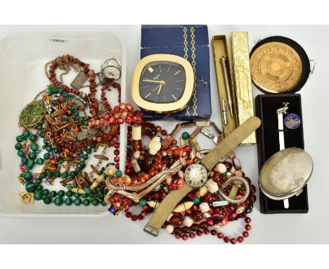 A SELECTION OF ITEMS, to include a 'swiza' travel clock, a silver plated metal pencil with lead, beaded necklaces such as mal