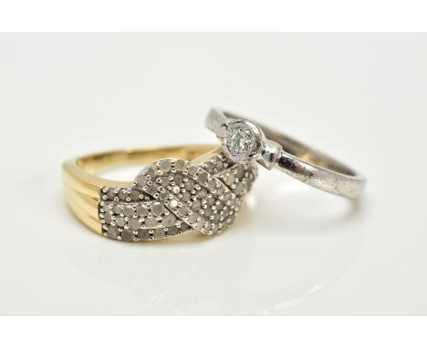 TWO DIAMOND RINGS, the first a 9ct gold, single cut diamond detailed crossover clusters, hallmarked 9ct gold Birmingham, ring