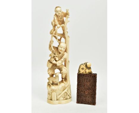 A LATE 19TH CENTURY JAPANESE IVORY OKIMONO, carved as a child standing at the top of some branches whilst a man collects frui